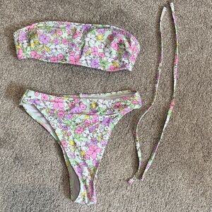Floral Bandeau Bikini Set in Pastel Pink & Green